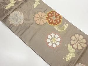 雪持ち柳に花々・蝶模様織出し全通袋帯